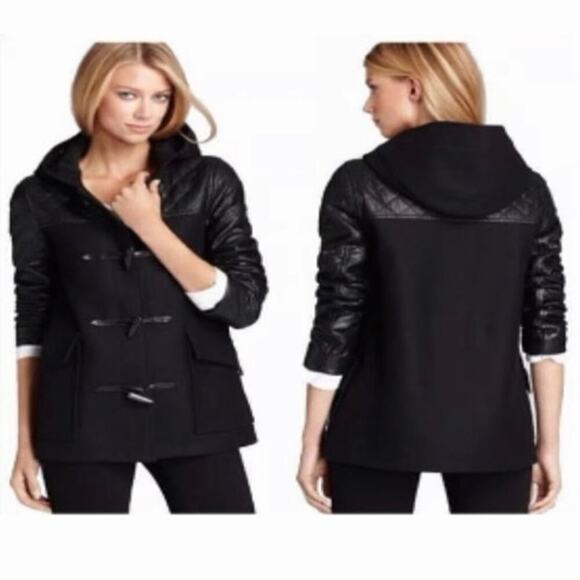 Theory Marimba Quilted Leather Wool Cashmere Toggle Hooded Pea Coat Black EUC M - Picture 1 of 13